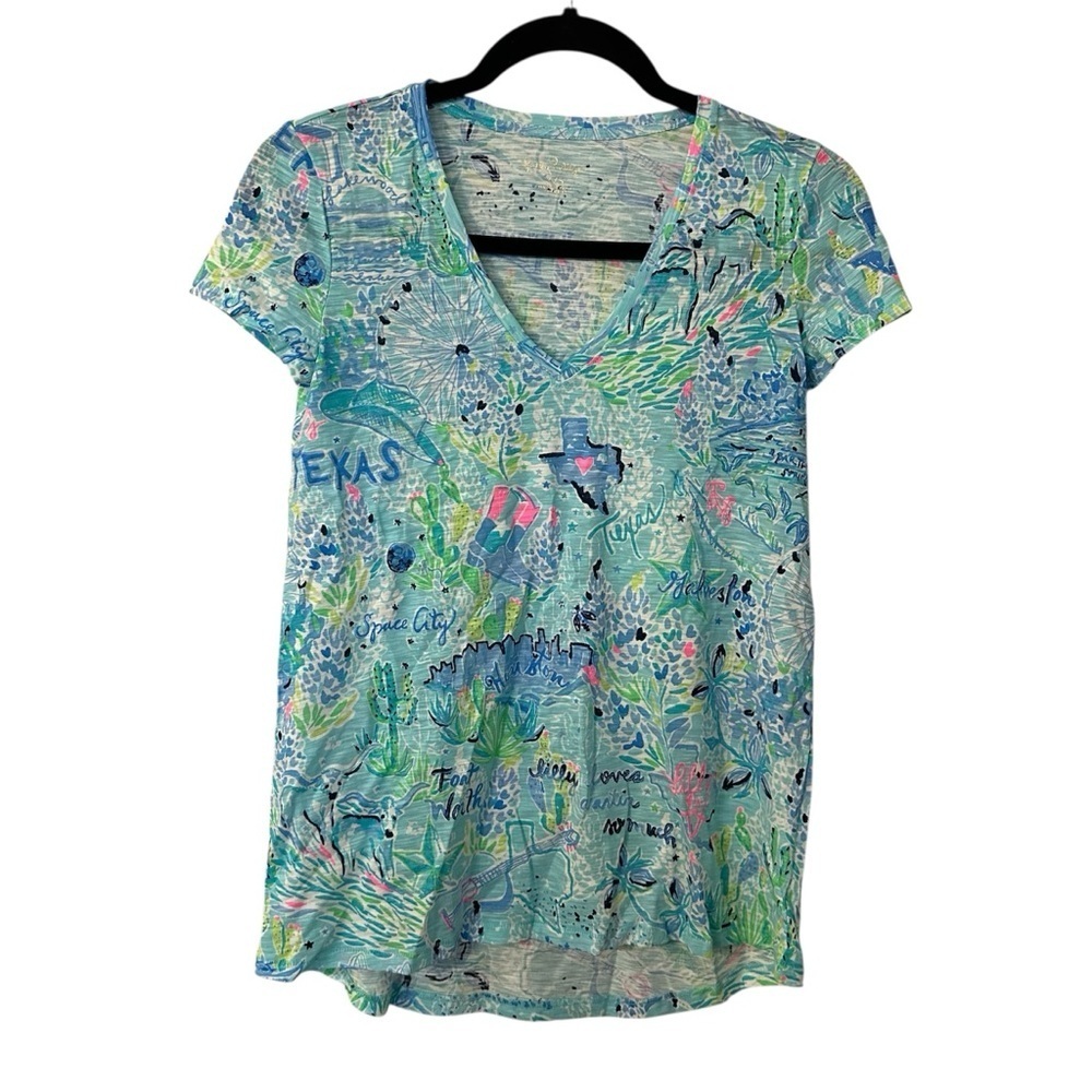Lilly Pulitzer Etta Short Sleeve Blue V-Neck Cotton Top Sz XXS NWOT